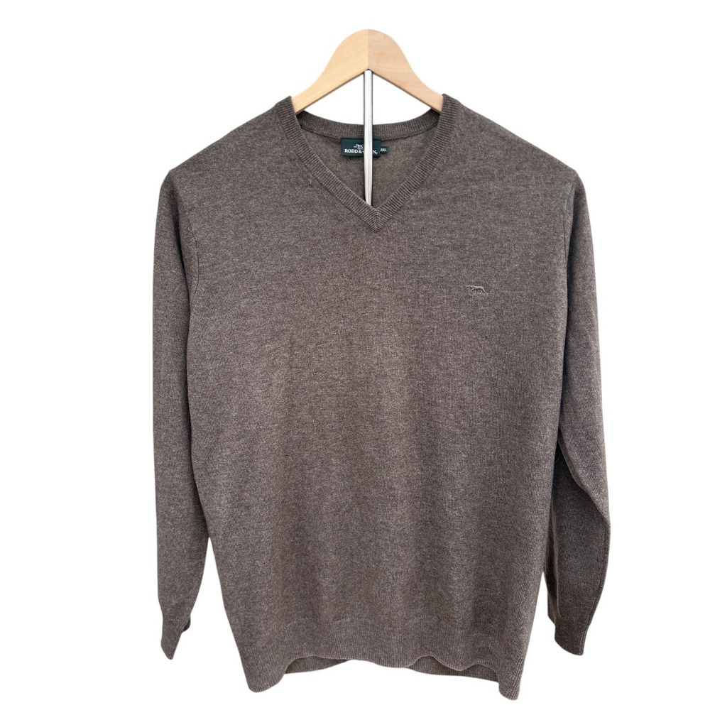 Rodd & Gunn Mens 2XL V-Neck Sweater Wool Cashmere Brown Dog Logo Long Sleeve
